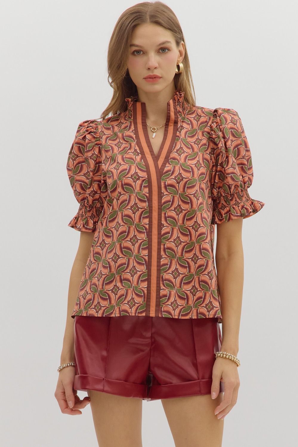 Against The Grain Terra Cotta Multi Printed Stripe Detail Top by Entro