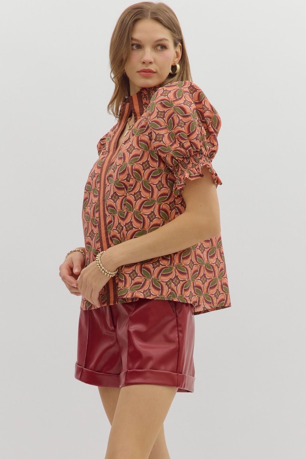Against The Grain Terra Cotta Multi Printed Stripe Detail Top by Entro