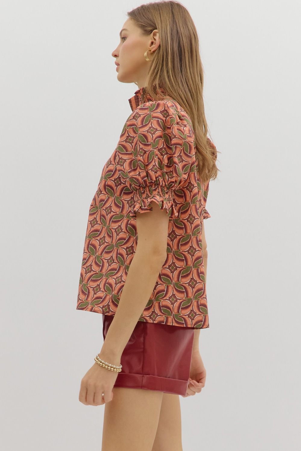 Against The Grain Terra Cotta Multi Printed Stripe Detail Top by Entro