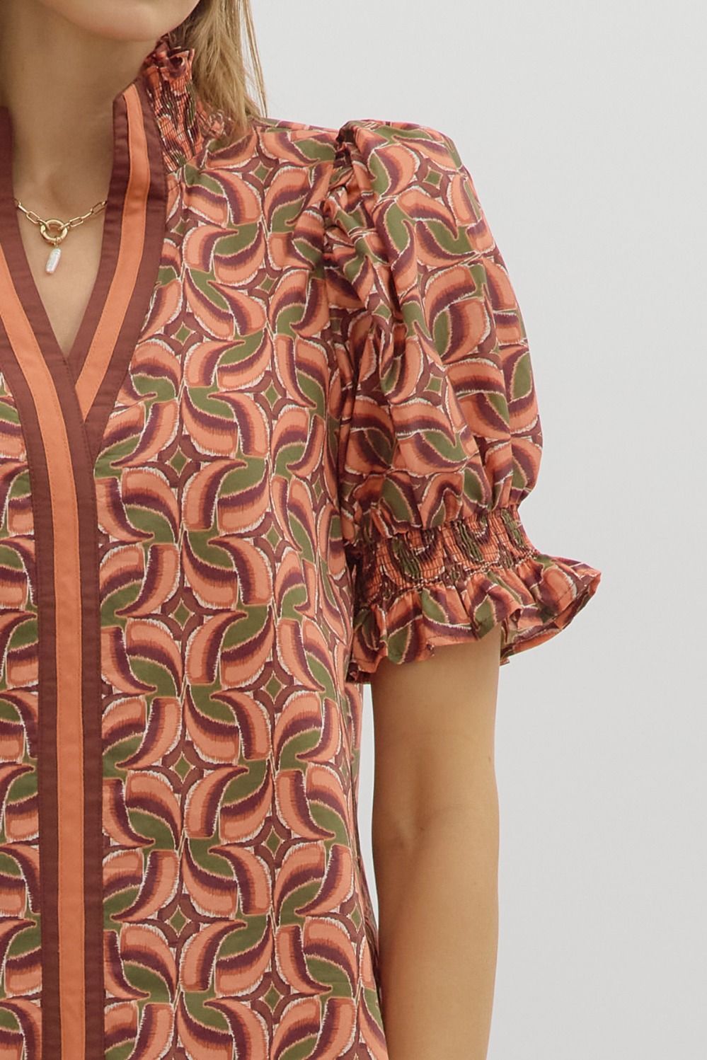 Against The Grain Terra Cotta Multi Printed Stripe Detail Top by Entro