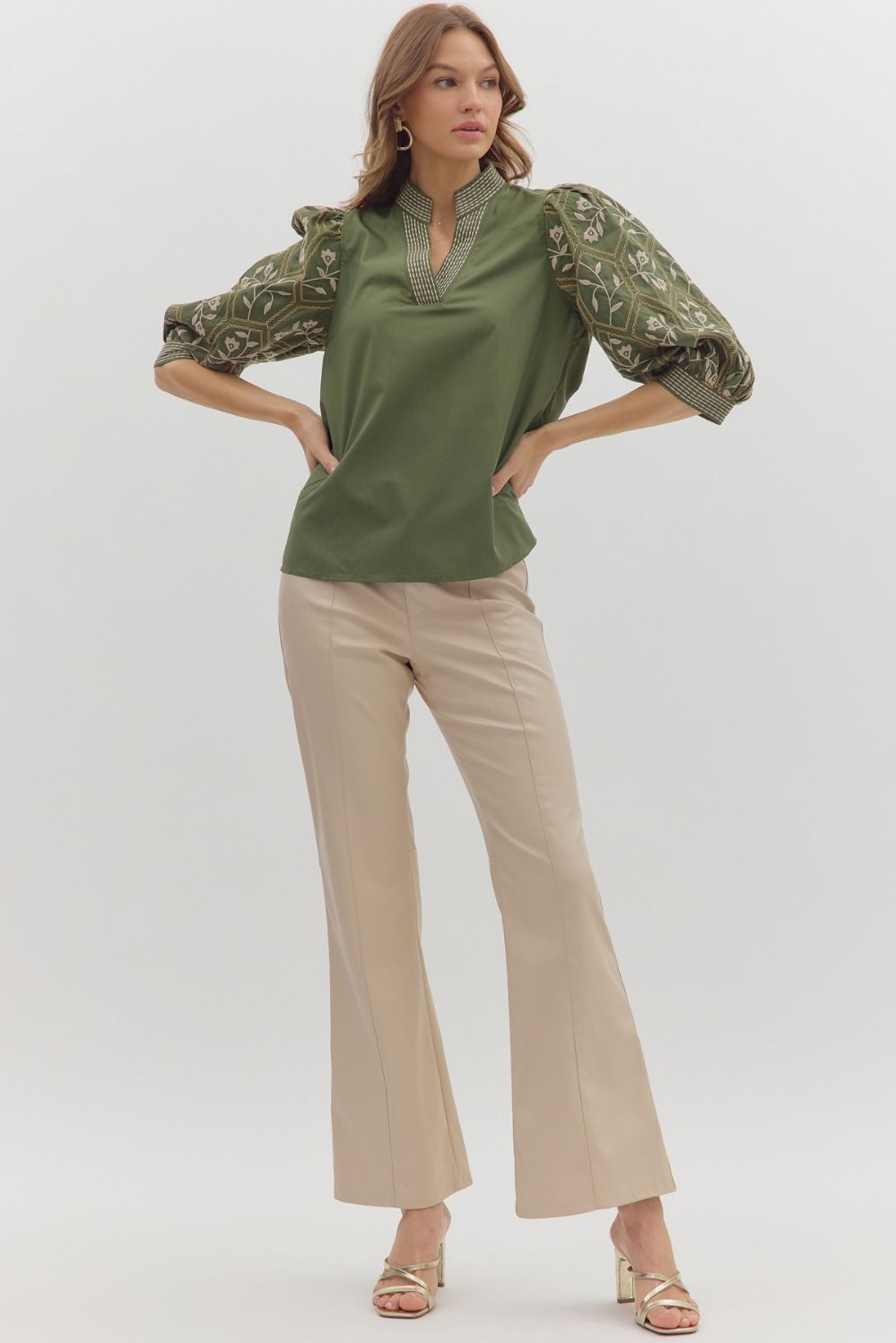 True Story Olive Embroidered 3/4 Sleeve Top by Entro