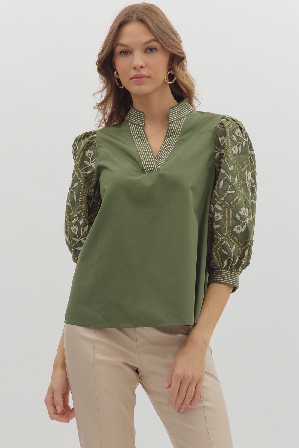 True Story Olive Embroidered 3/4 Sleeve Top by Entro