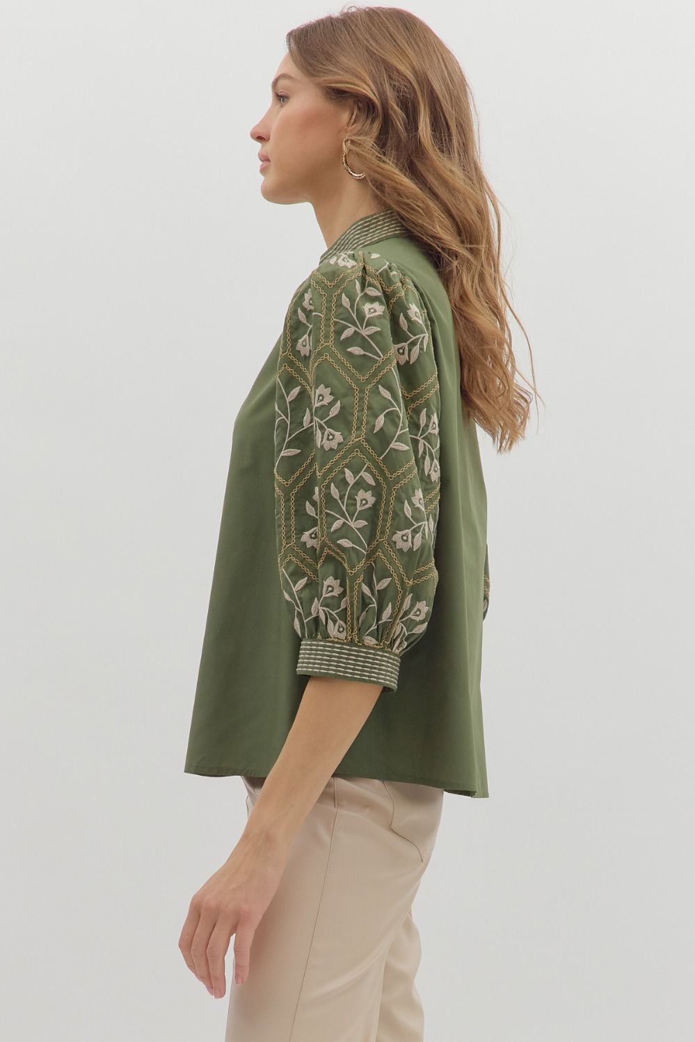 True Story Olive Embroidered 3/4 Sleeve Top by Entro