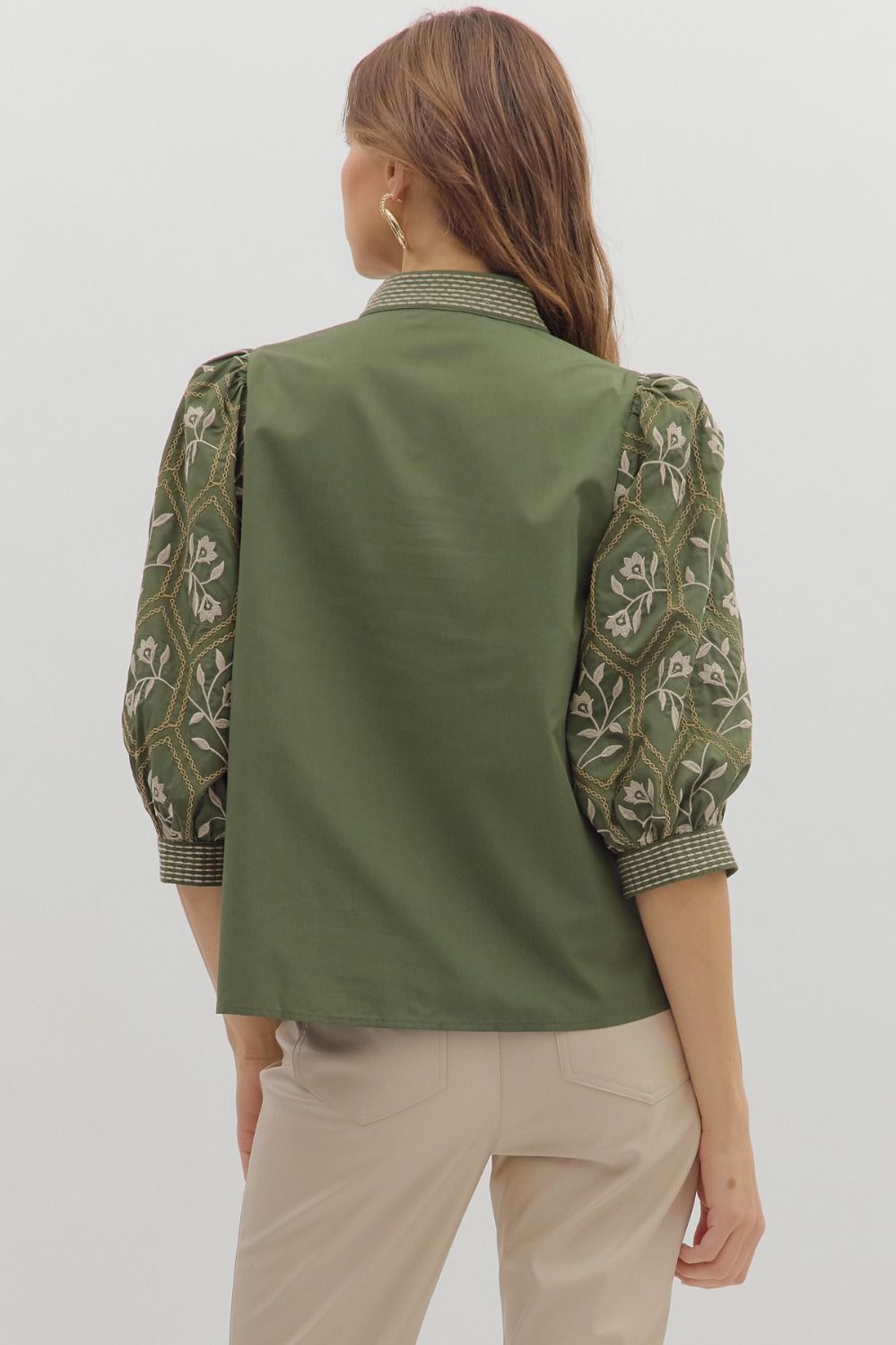 True Story Olive Embroidered 3/4 Sleeve Top by Entro