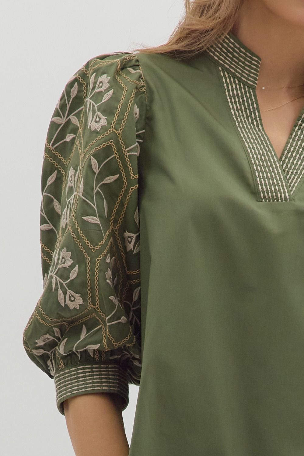 True Story Olive Embroidered 3/4 Sleeve Top by Entro