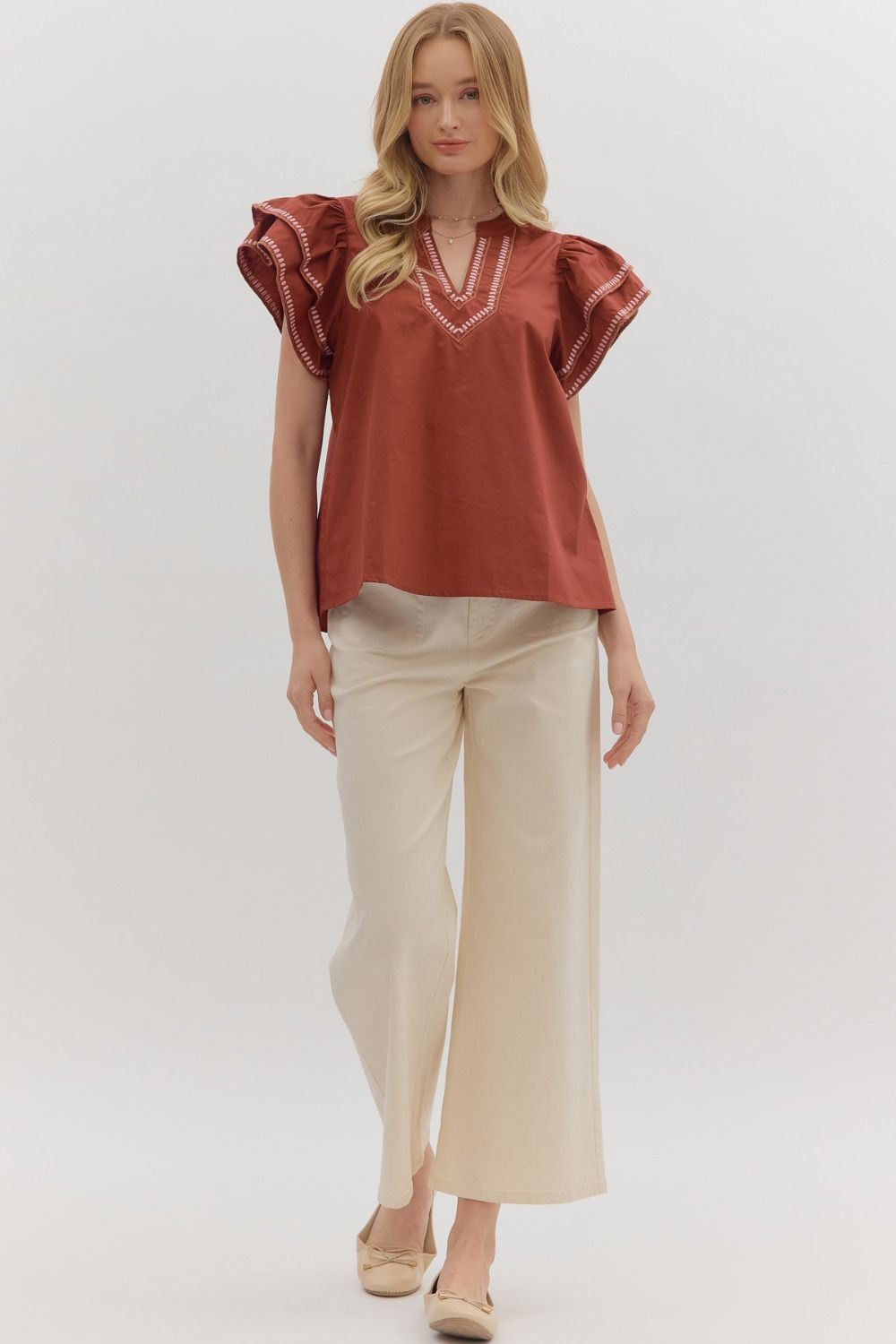 Roaming The Halls Brick With Embroidered Flutter Sleeve Top by Entro