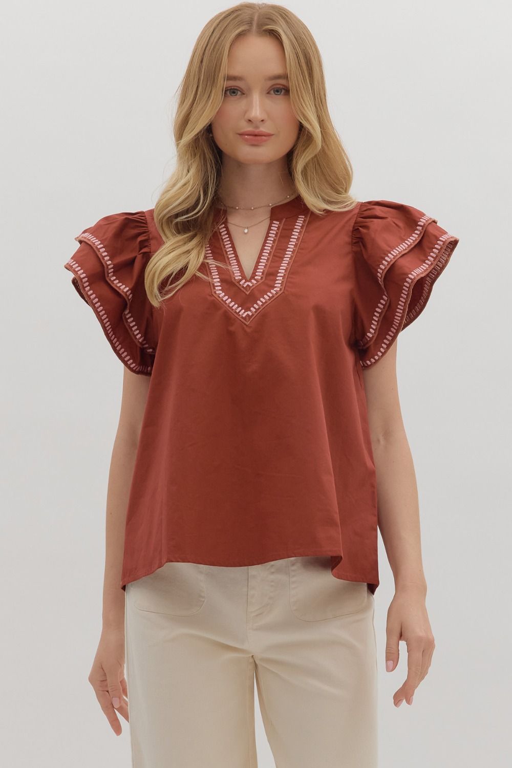 Roaming The Halls Brick With Embroidered Flutter Sleeve Top by Entro
