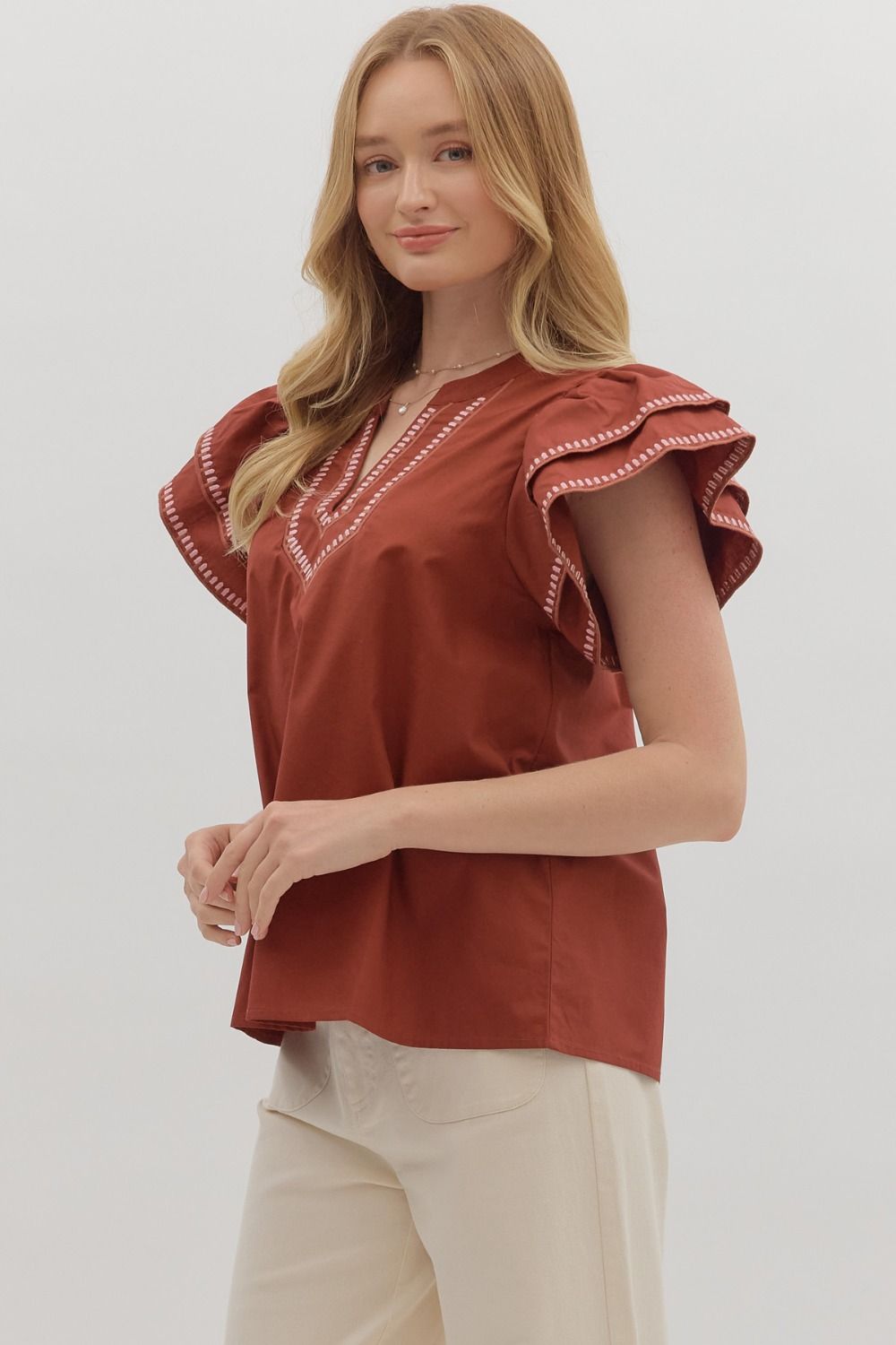 Roaming The Halls Brick With Embroidered Flutter Sleeve Top by Entro