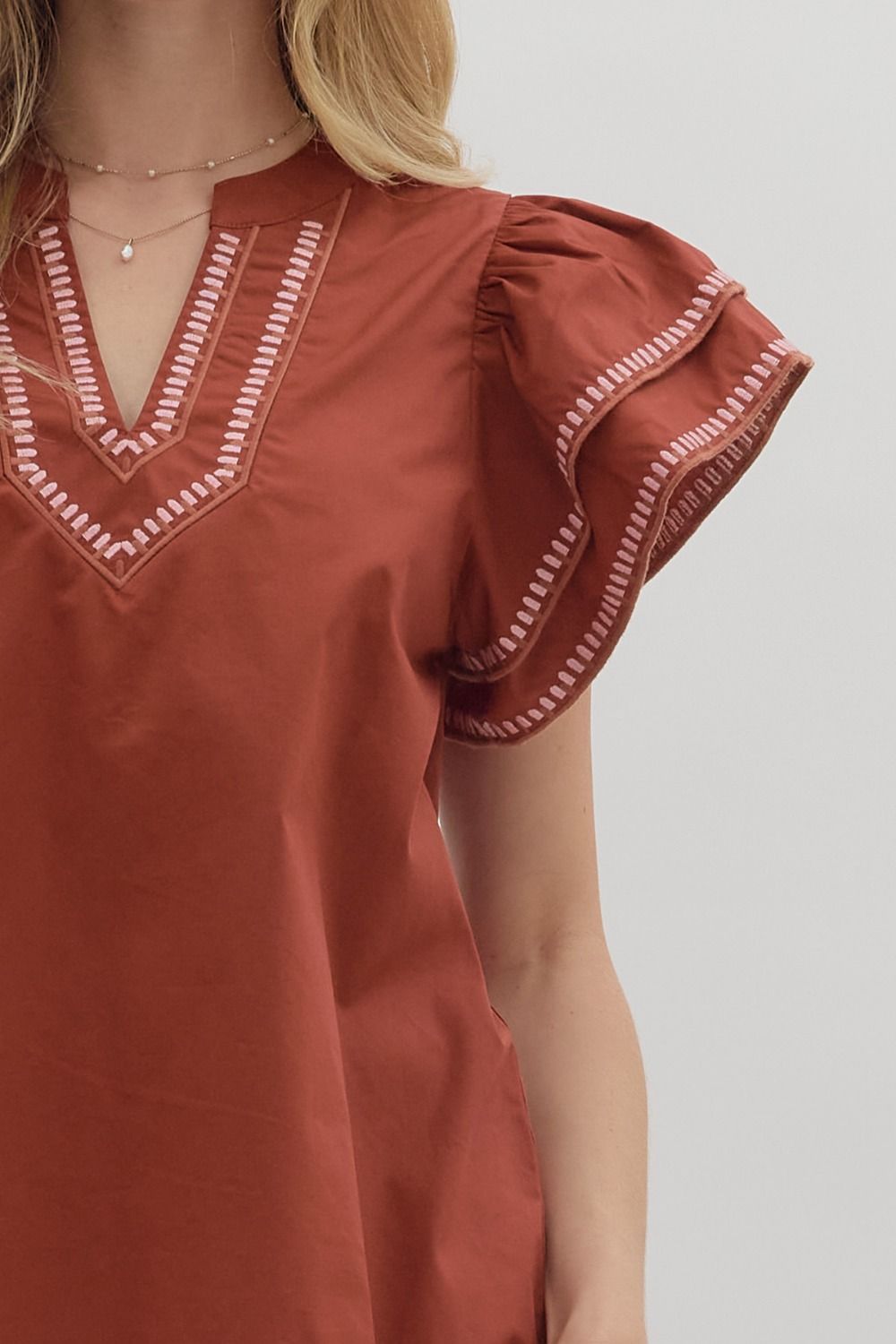 Roaming The Halls Brick With Embroidered Flutter Sleeve Top by Entro