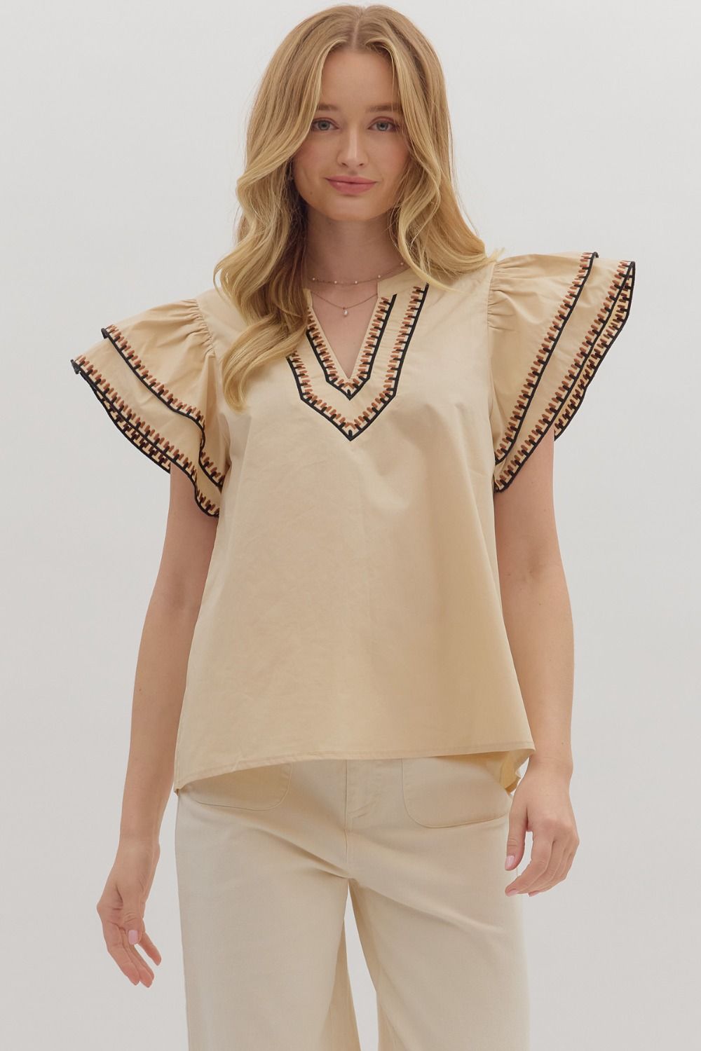Roaming The Halls Taupe With Embroidered Sleeve Flutter Sleeve Top by Entro