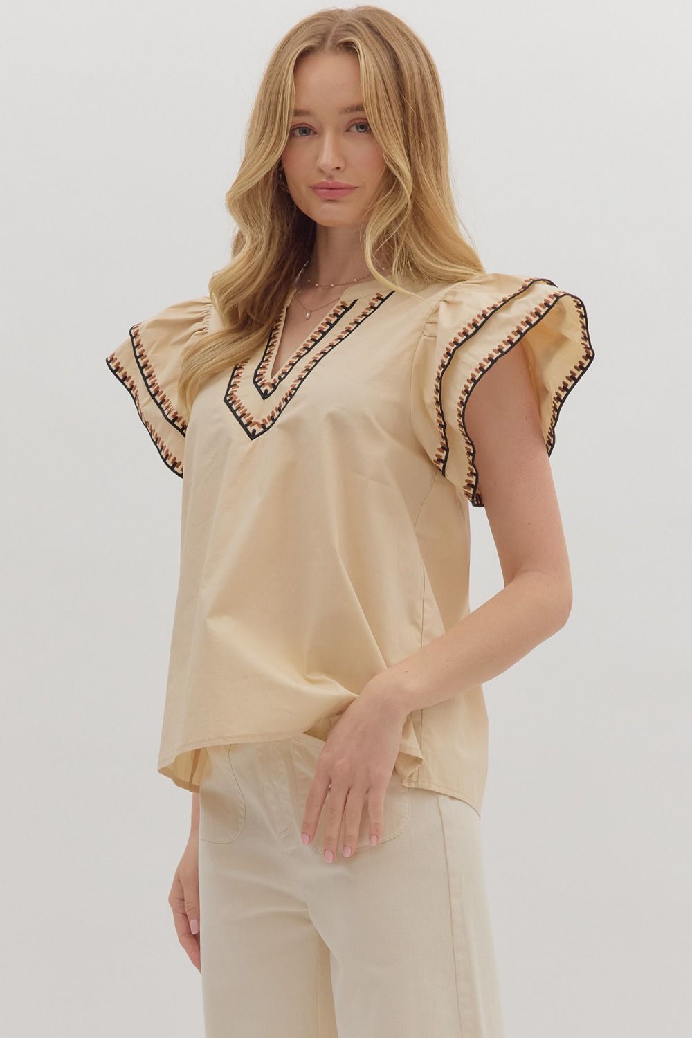 Roaming The Halls Taupe With Embroidered Sleeve Flutter Sleeve Top by Entro
