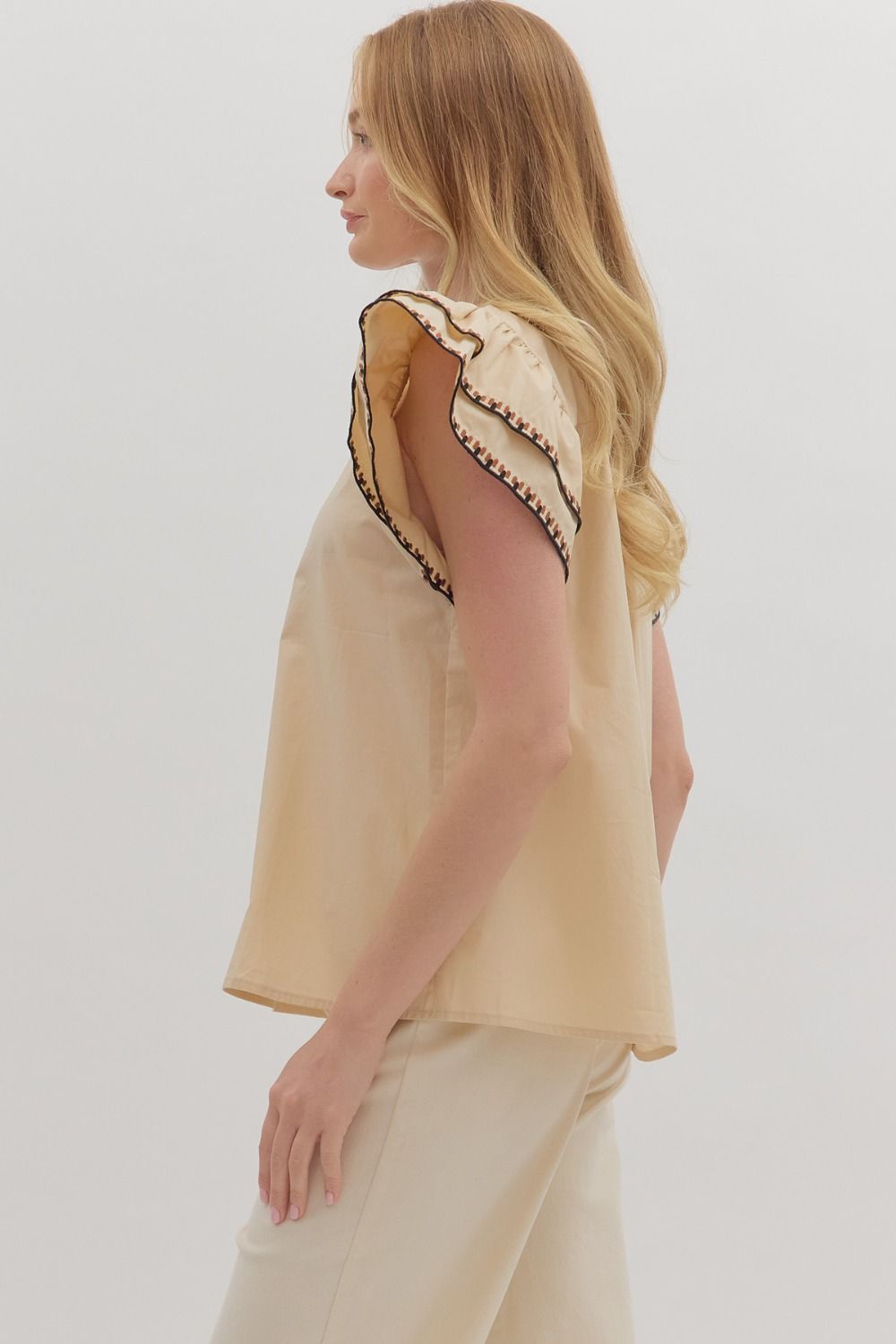 Roaming The Halls Taupe With Embroidered Sleeve Flutter Sleeve Top by Entro