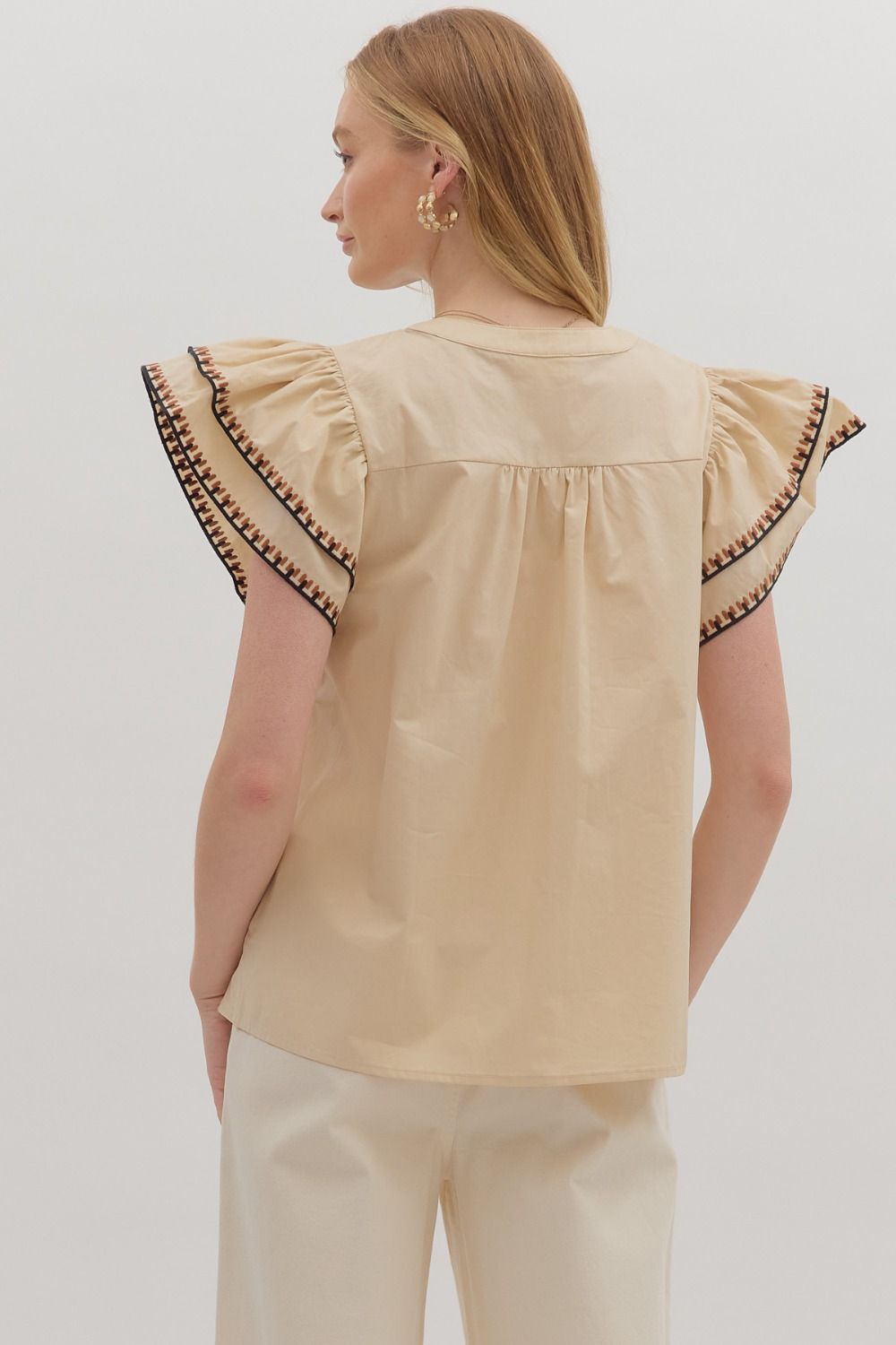 Roaming The Halls Taupe With Embroidered Sleeve Flutter Sleeve Top by Entro