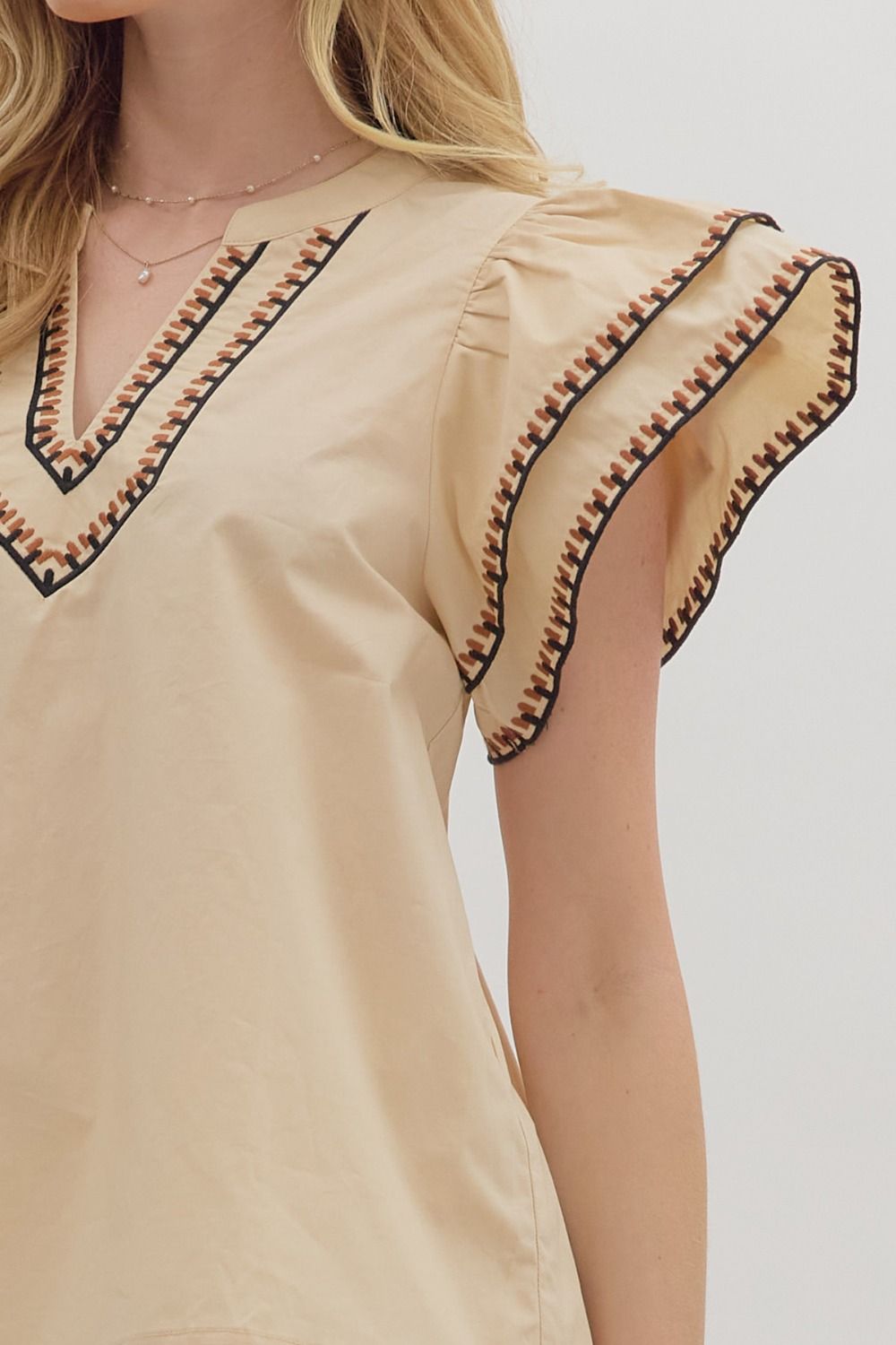 Roaming The Halls Taupe With Embroidered Sleeve Flutter Sleeve Top by Entro