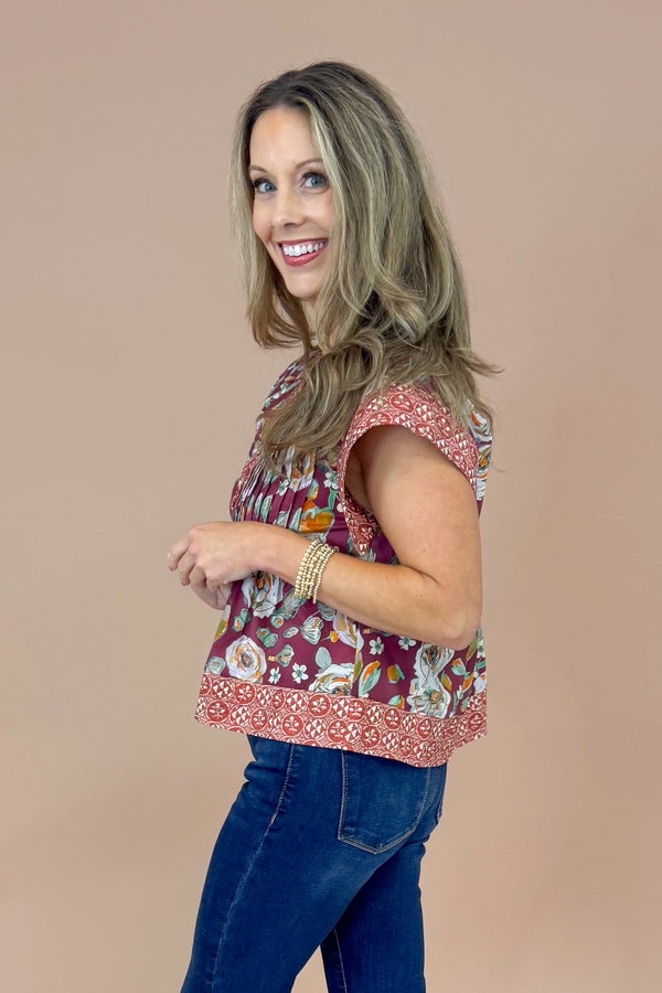Over The Moon Burgundy Floral With Border Print Top by Entro