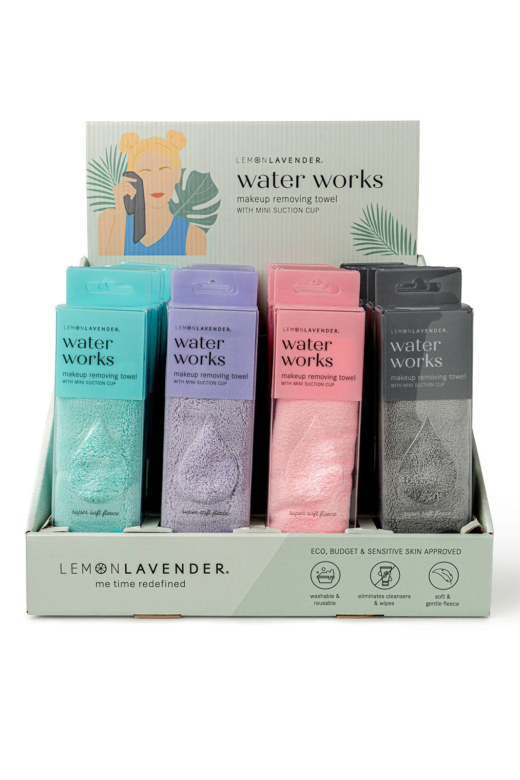 Display of Lemon Lavender water works makeup removing towels in various colors on a white background.
