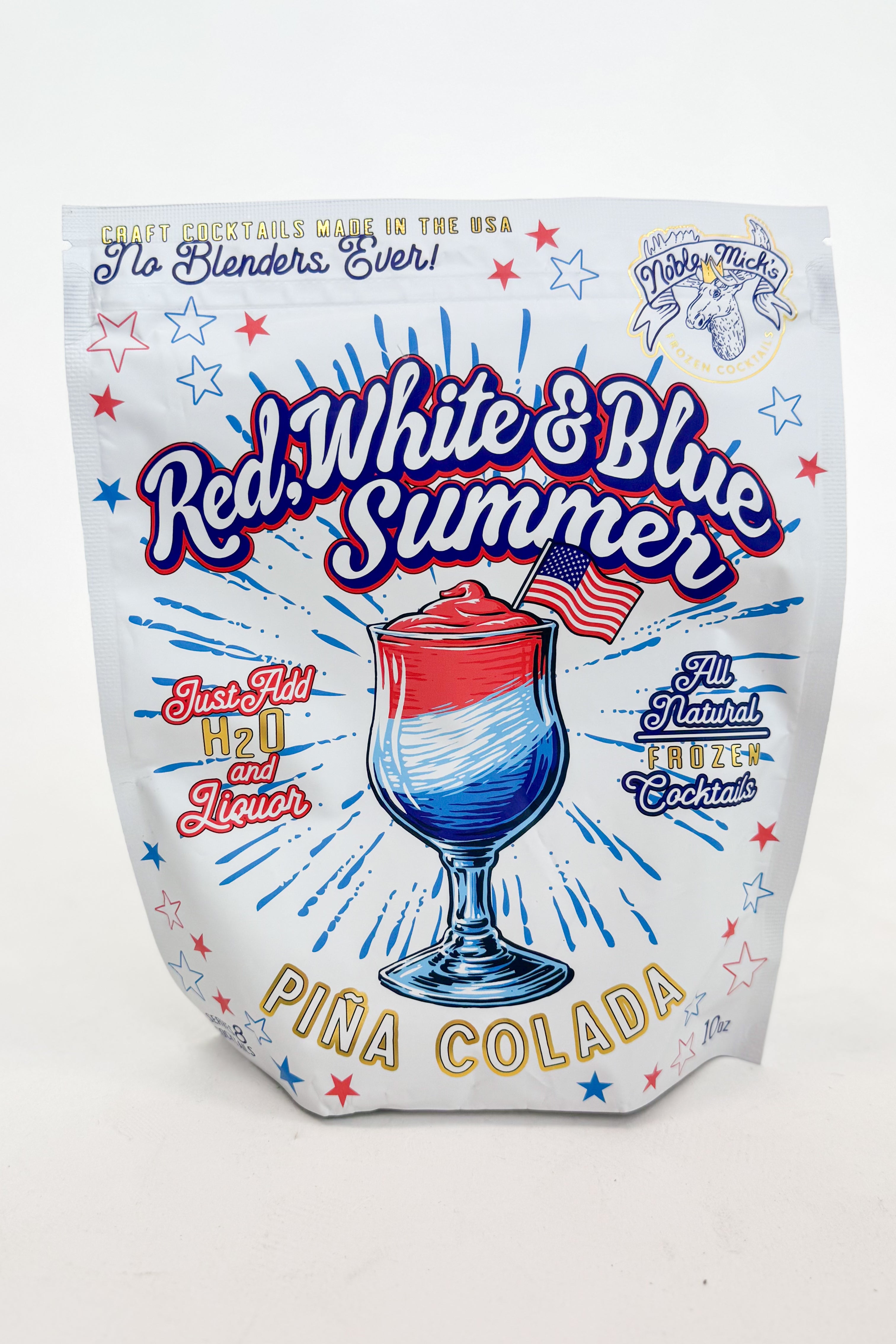 Packaging for a Pina Colada drink mix with red, white, and blue design elements.