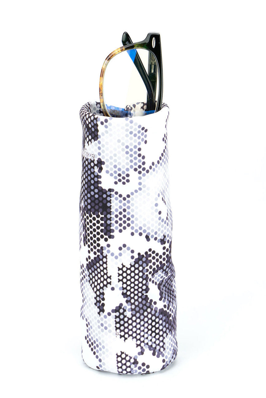 Eyeglasses in a camouflage-patterned case on a white background