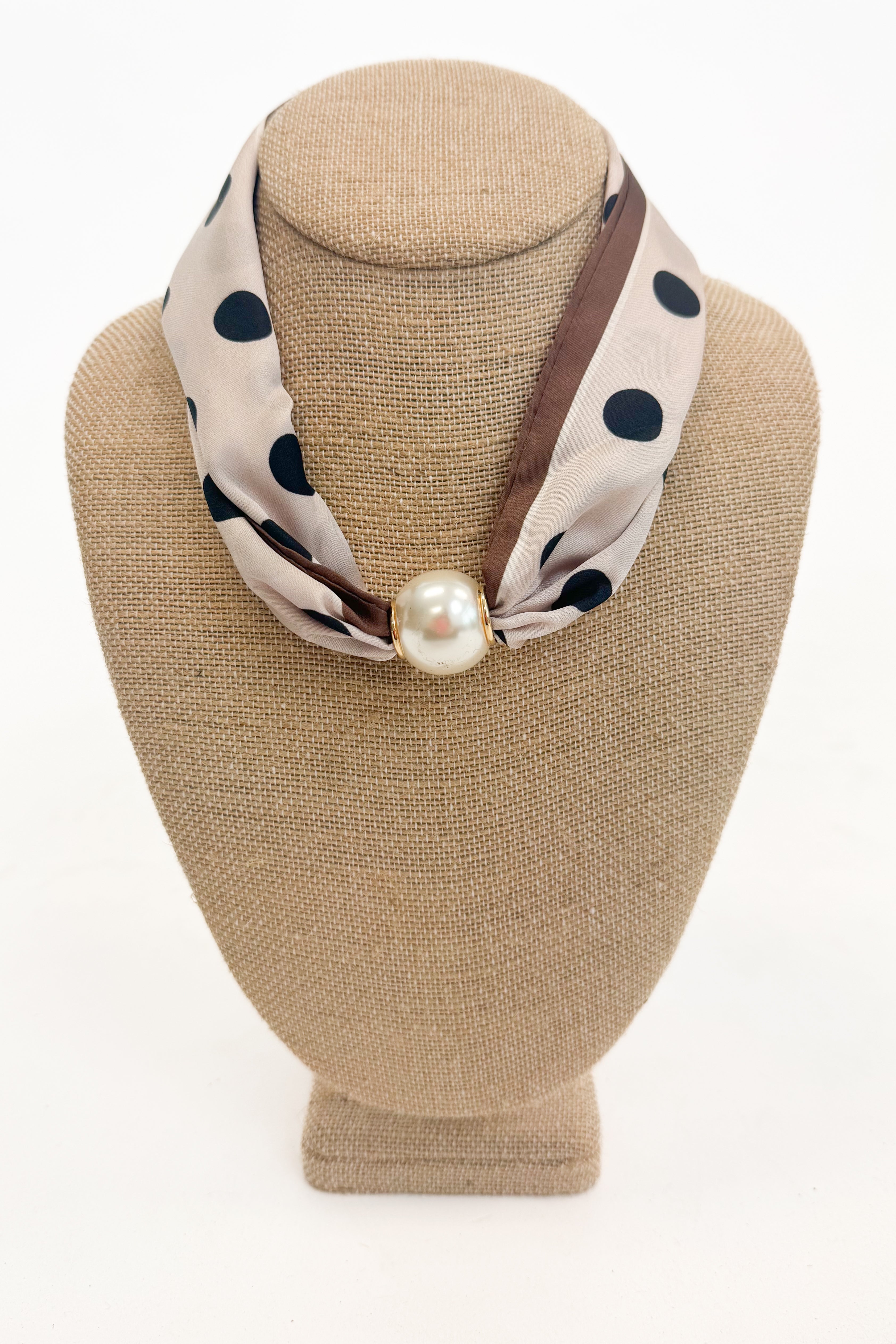 polka dot with brown lining detail scarf necklace with magnetic pearl detail
