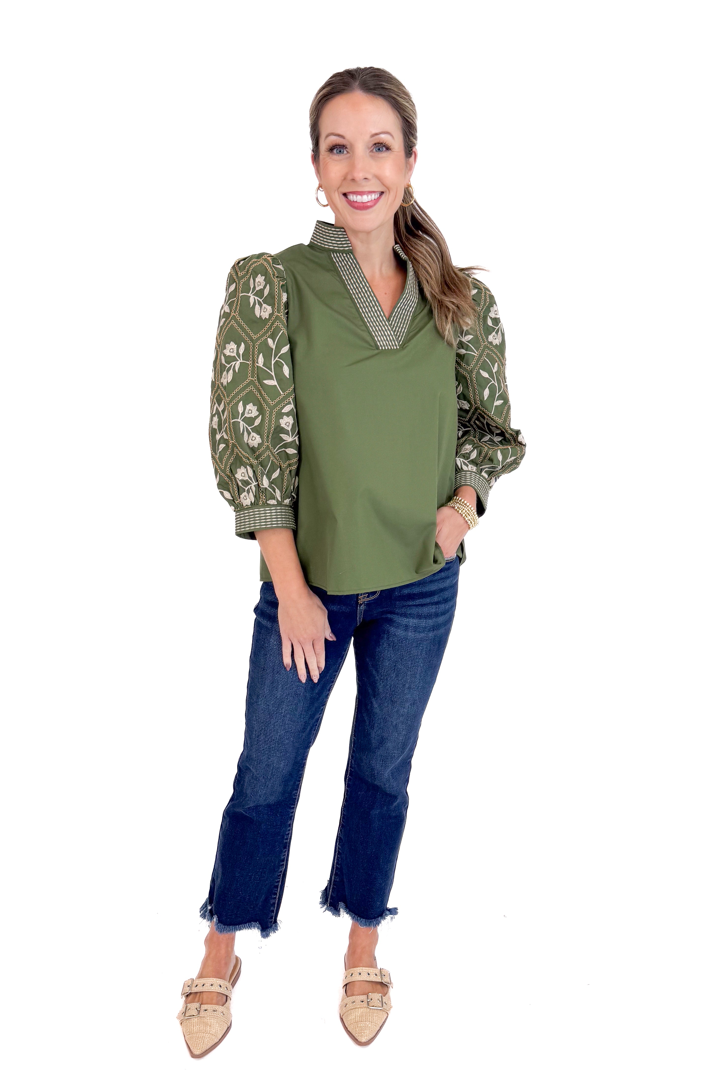 True Story Olive Embroidered 3/4 Sleeve Top by Entro