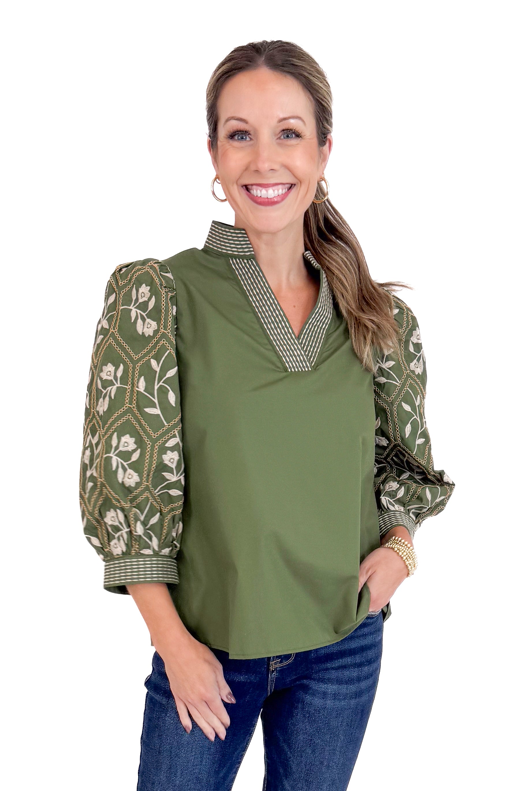 True Story Olive Embroidered 3/4 Sleeve Top by Entro