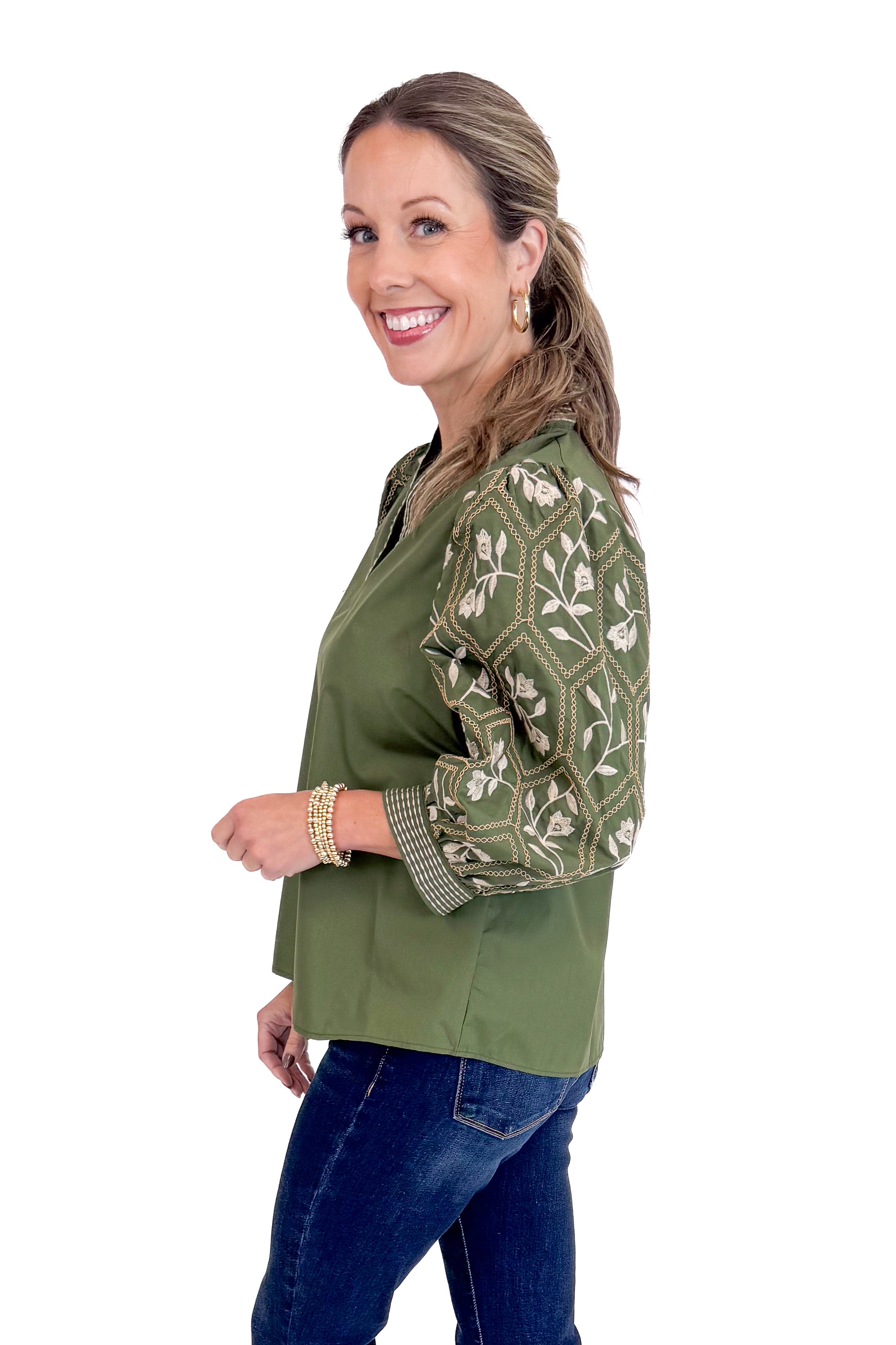 True Story Olive Embroidered 3/4 Sleeve Top by Entro
