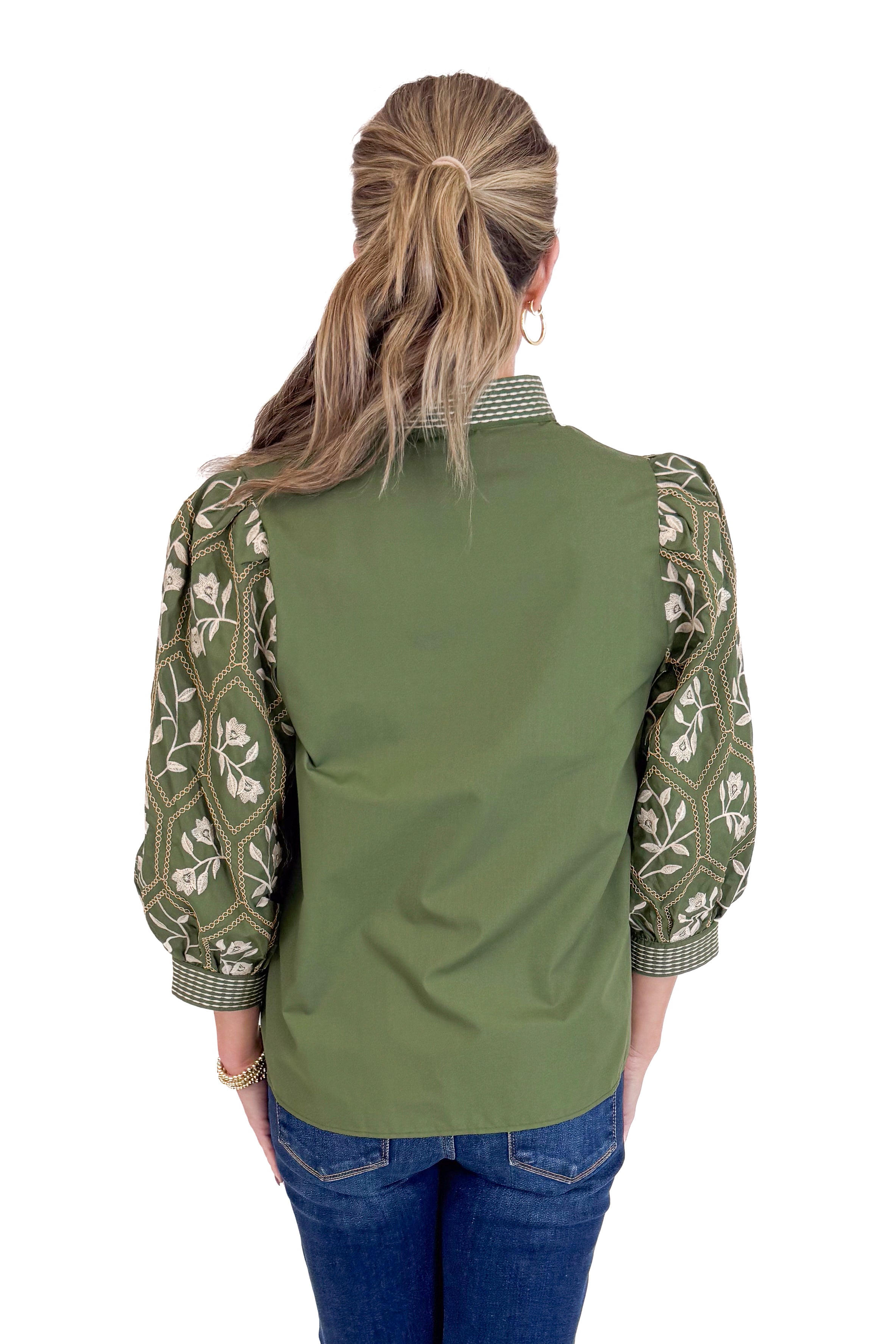 True Story Olive Embroidered 3/4 Sleeve Top by Entro