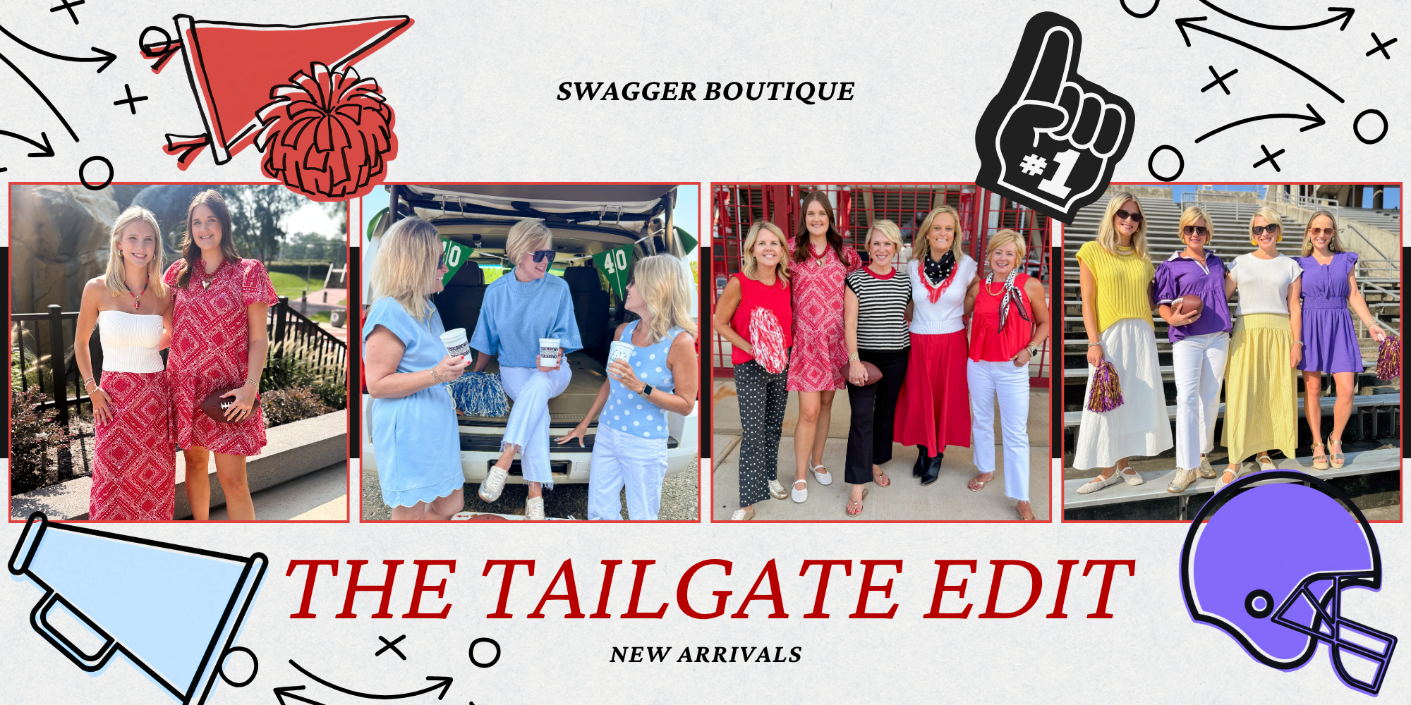 A promotional collage for 'The Tailgate Edit' by Swagger Boutique, featuring multiple lifestyle photos of women wearing red and patterned outfits, decorated with football-themed doodles and text.