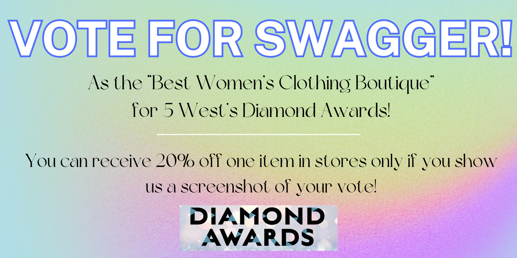 Promotional banner for a clothing boutique contest with colorful gradient background