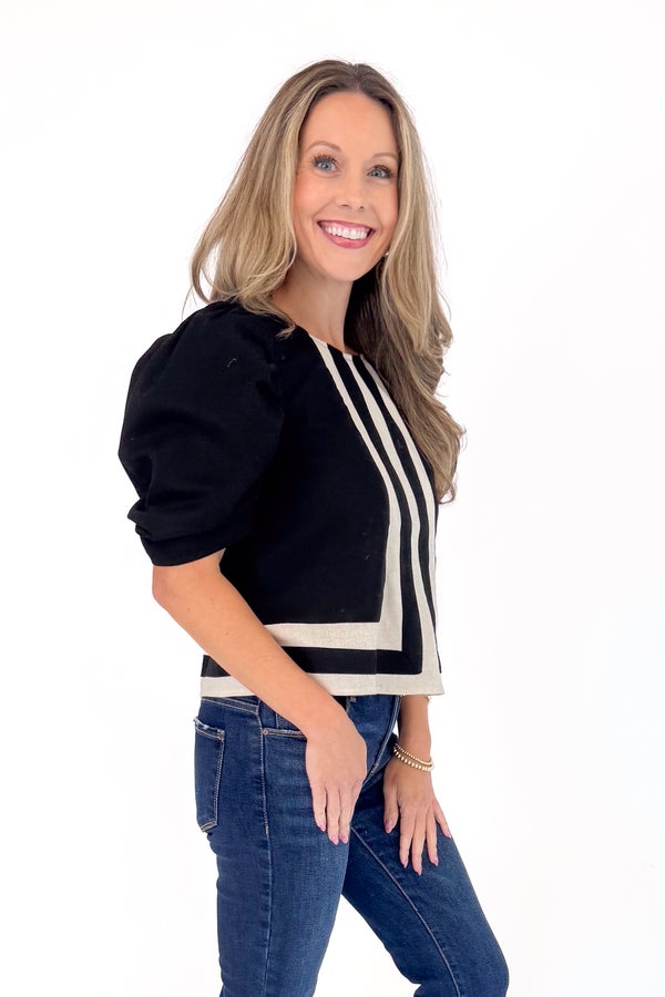 Turning Point Black Stripe Detail Puff Sleeve Top by Entro