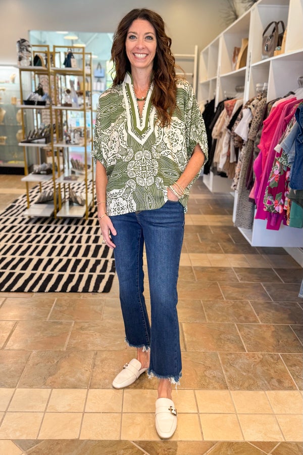 Keep It Cool Olive Abstract Print With V-neck Lining Detail Top by Entro