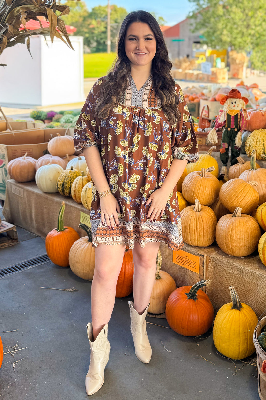 Woman wearing Golden Opportunity Brown &amp; Multi Mixed Print 3/4 Sleeve Dress - front view showing vibrant mixed print pattern and 3/4 sleeves