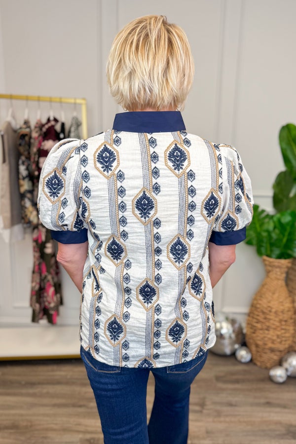 Fall Feels Navy &amp; Cream Embroidered Abstract Print Top by Entro