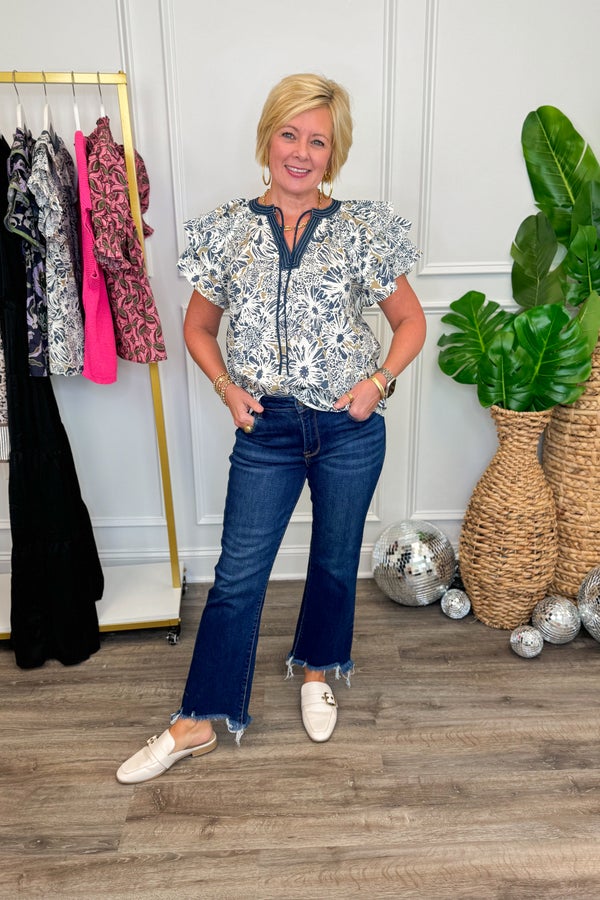 Navy &amp; Taupe Floral Printed V-neck Top by Entro