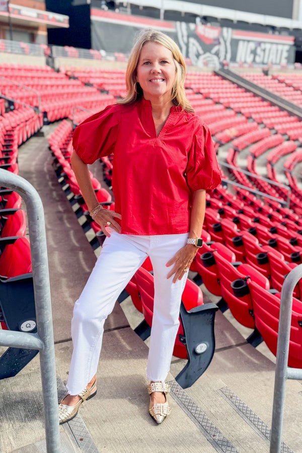 Play Action Red Puff Sleeve V-Neck Top