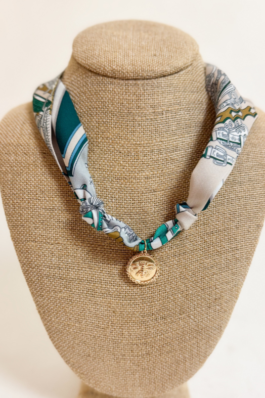 Green &amp; Tan Scarf Necklace With Gold Bee Charm