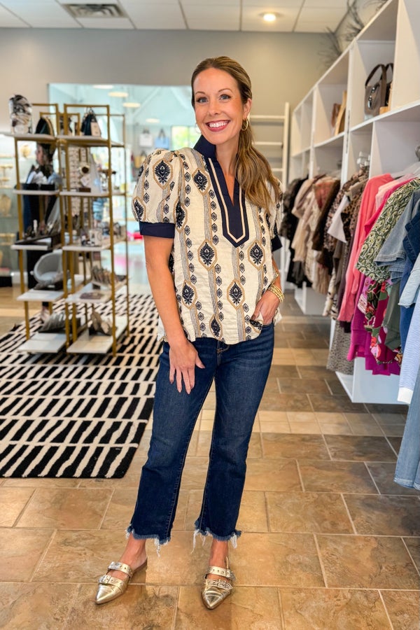 Fall Feels Navy &amp; Cream Embroidered Abstract Print Top by Entro