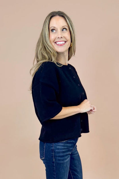 No Holding Back Black Button Up Short Sleeve Cardigan