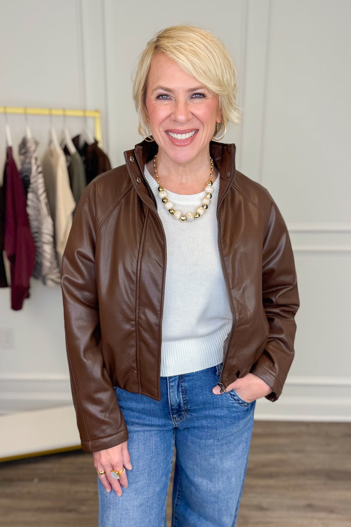 Little Bit Of Luck Brown Faux Leather Bomber Jacket