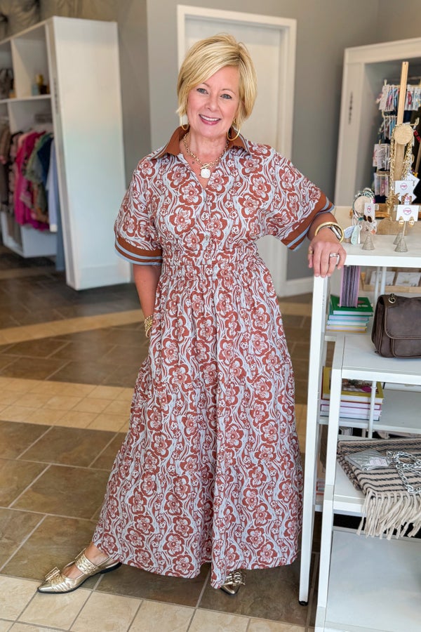 Spice Things Up Brown &amp; Blue Floral Printed Midi Dress by Entro