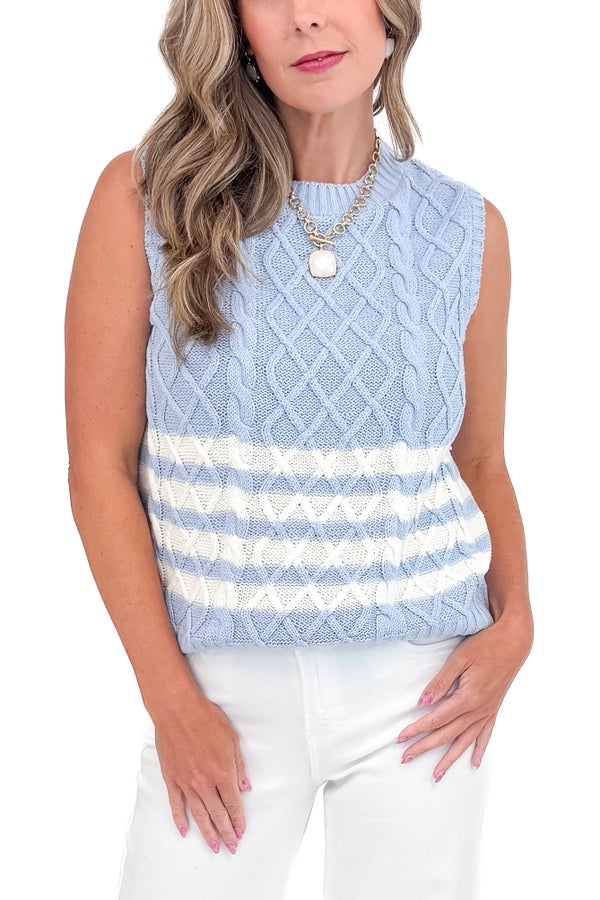 In The Pocket Light Blue &amp; Cream Cable Knit Sweater Vest by She + Sky