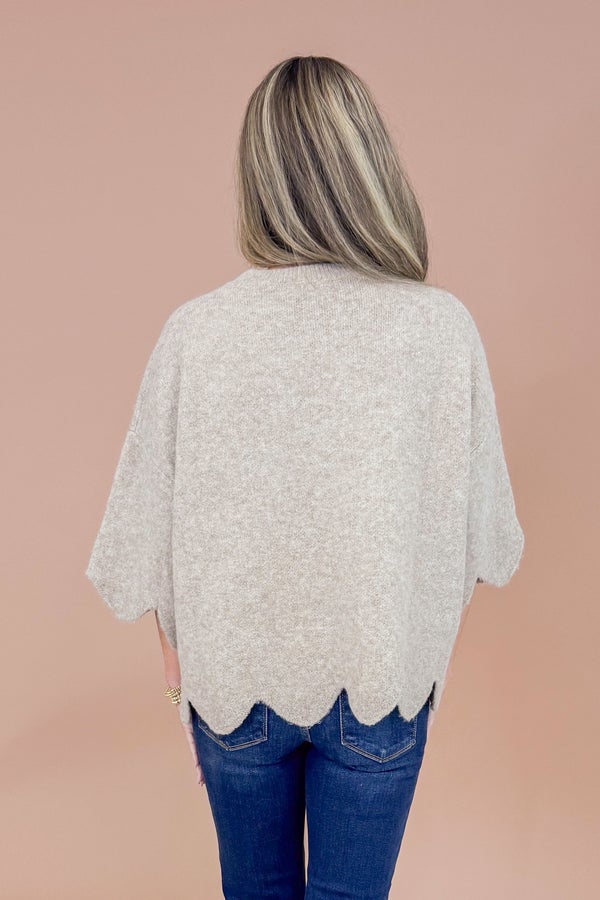 Good As Gold Taupe Scallop Hem Short Sleeve Sweater by Entro