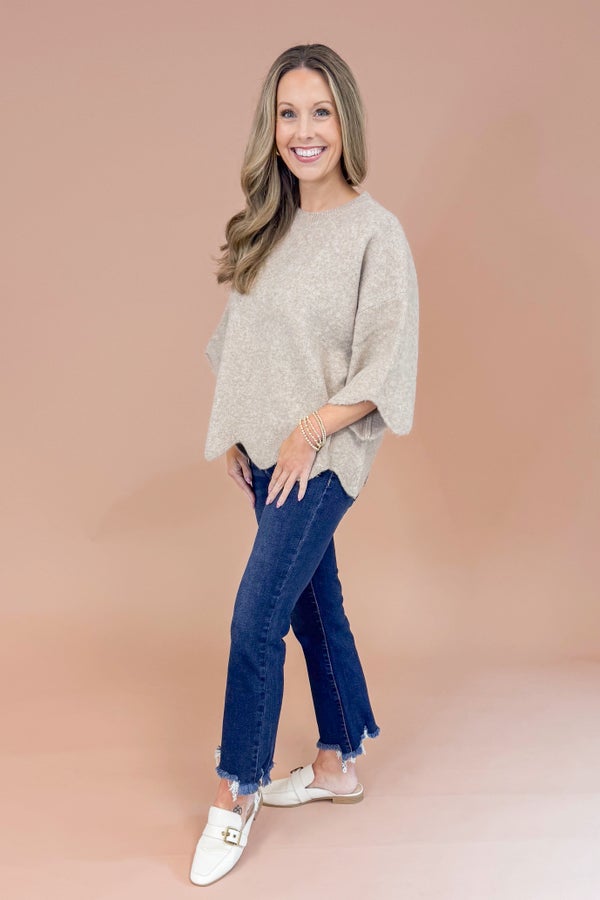 Good As Gold Taupe Scallop Hem Short Sleeve Sweater by Entro