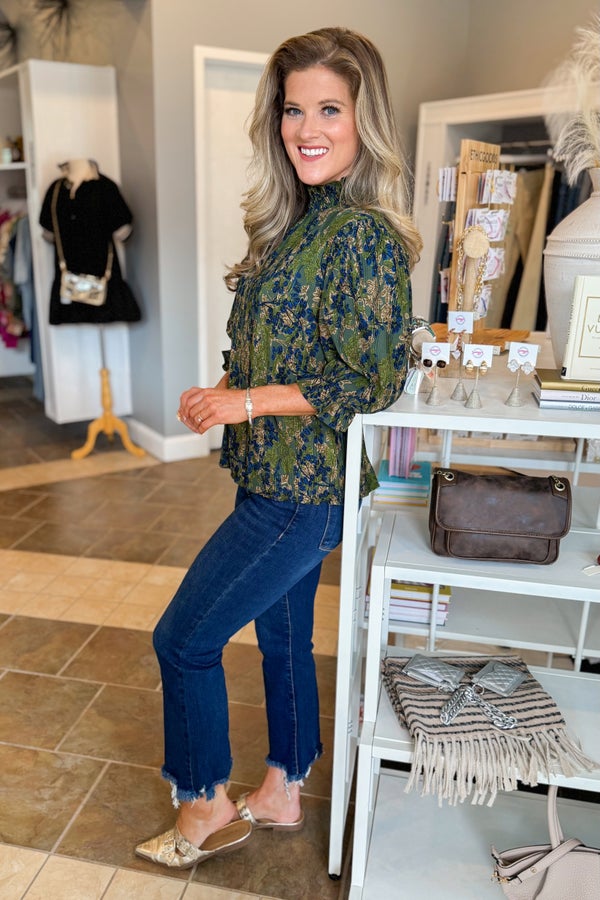 Sweet Escape Olive Smocked Neck Floral Top