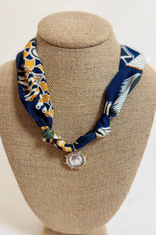 Navy &amp; Gold Scarf Necklace With Two Tone Coin Charm