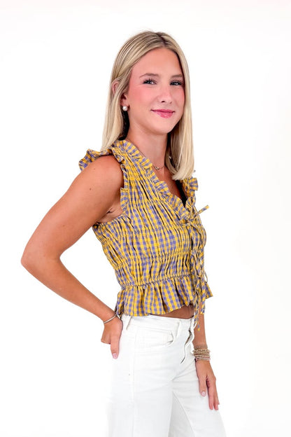 Championship Drive Yellow &amp; Purple Gingham Smocked Top by TCEC