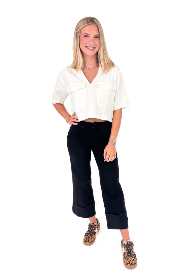 Mug Life White Double Pocket Denim Top