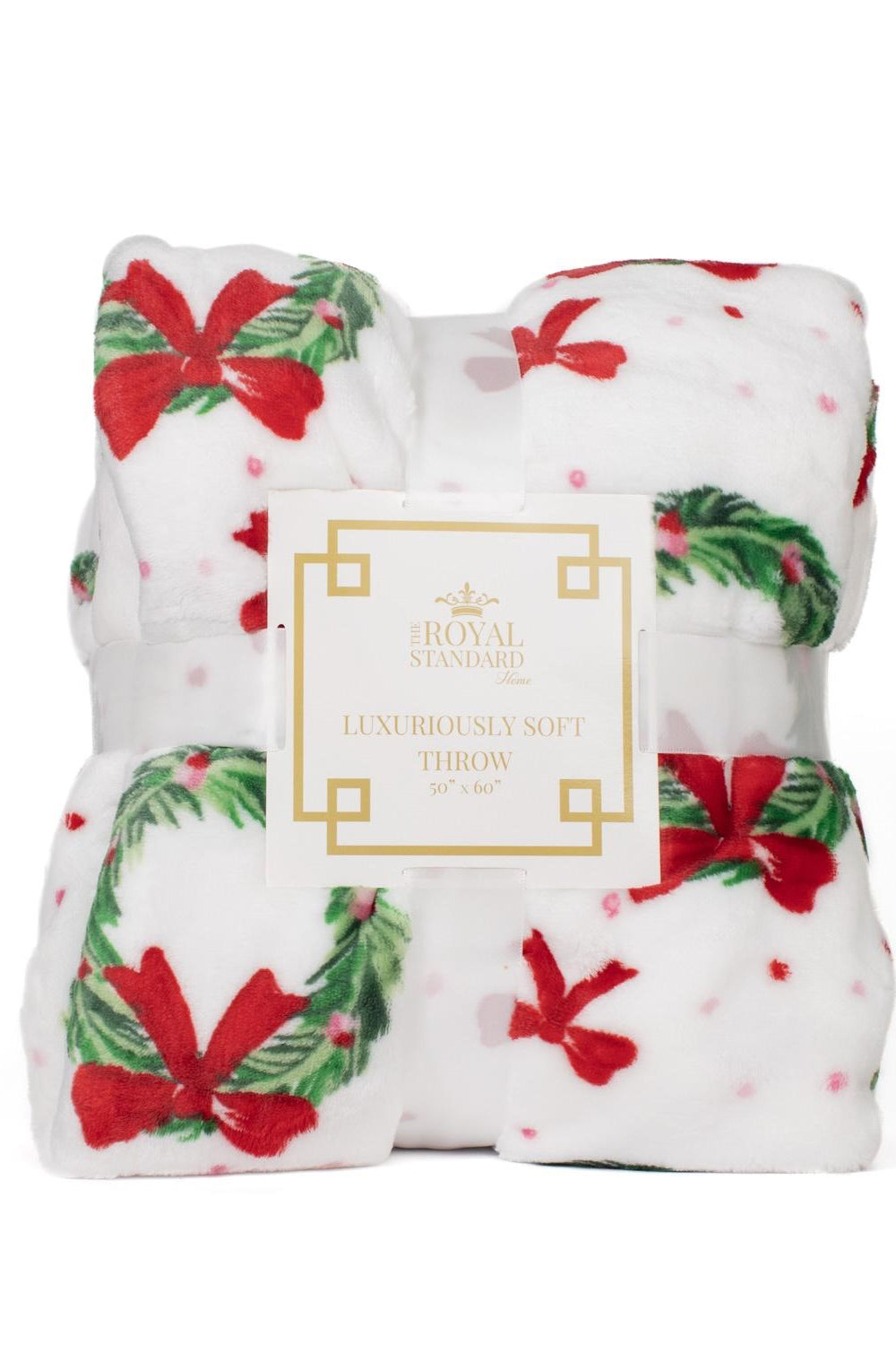 christmas blanket featuring wreaths with red bow wrapped in packaging