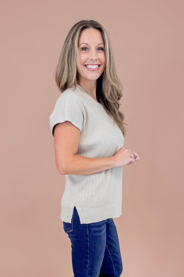 Easy Does It Taupe Ribbed Short Sleeve Sweater