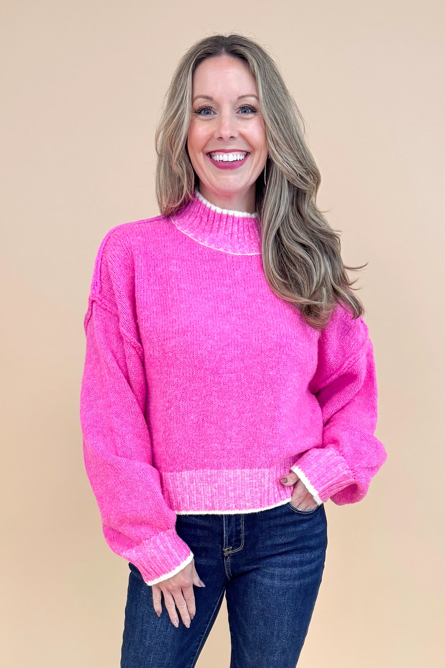 For The Record hot pink mock neck sweater - front model shot